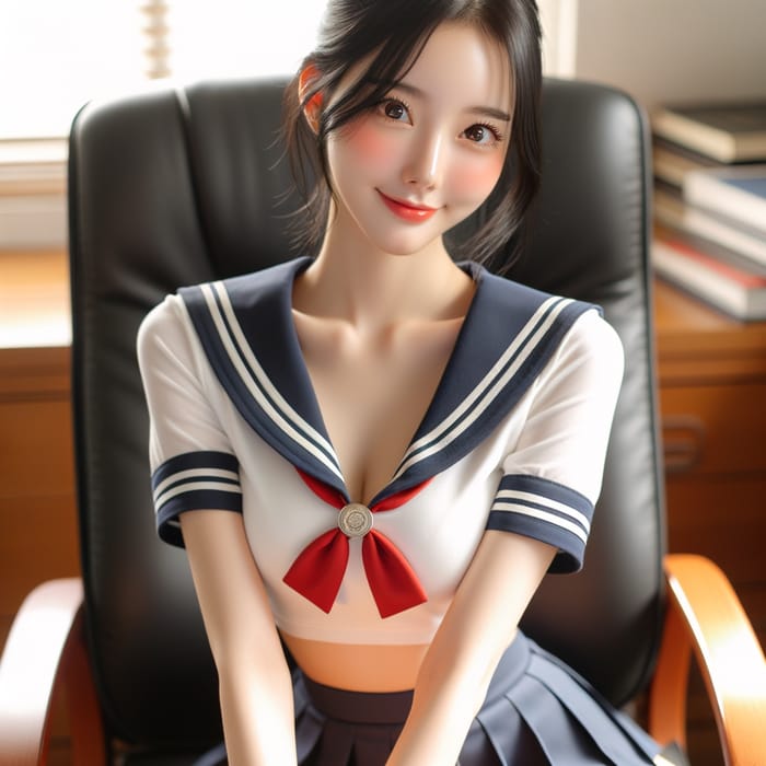 Pretty Korean Girl in Sailor Mini Skirt Sitting on Office Chair