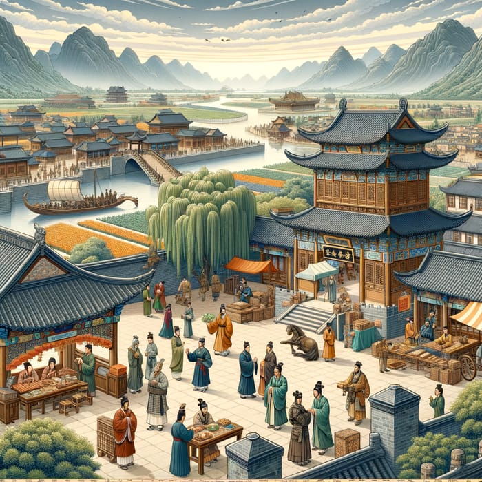 Tang Dynasty Frontier Scene with Marketplace and Scholars