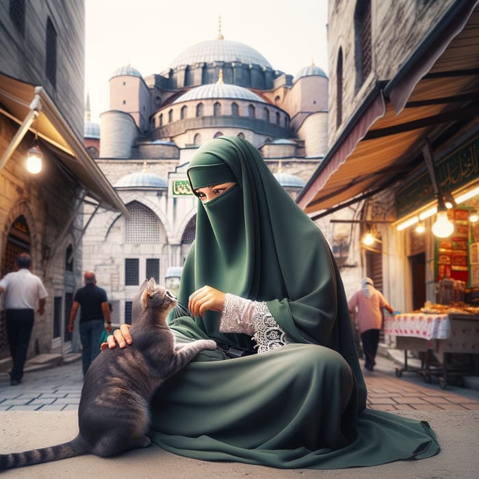 Muslim Woman in Green Niqab with Cat in Istanbul, Front View