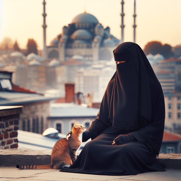 Muslim Woman in Niqab Petting Cat in Istanbul Front View