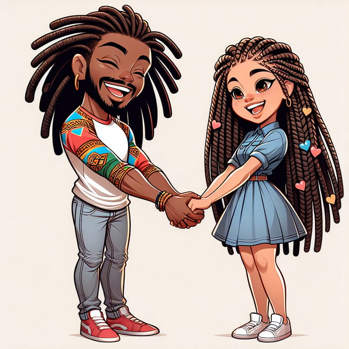Unity and Friendship: Cartoon Characters with Dreadlocks and Braids Holding Hands