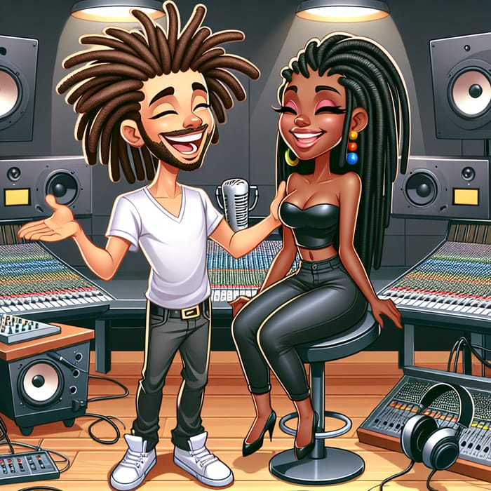 Cartoon Man with Dreadlocks and His Black Girlfriend in Recording Studio