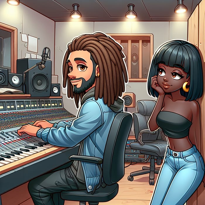 Cartoon Man with Dreadlocks in Recording Studio with Black Girlfriend - Creative Scene