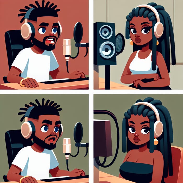 Cartoon Musician with Dreadlocks and Confident Girlfriend in Recording Studio