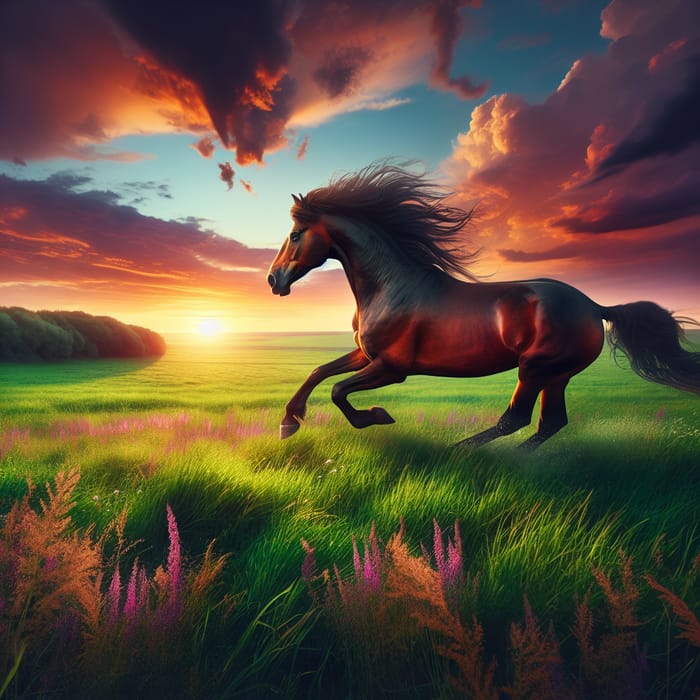 Majestic Brown Horse Galloping in Lush Green Meadow at Sunset