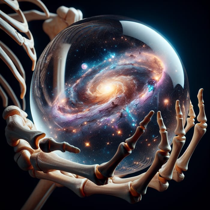 Galaxy Reflection in Glass Orb - Mystical Skeleton Hand