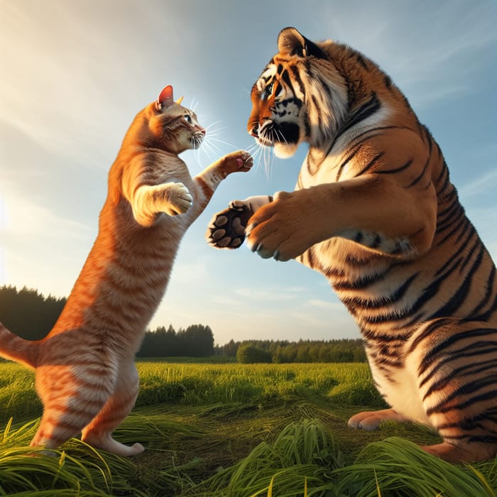 Cat Fighting Tiger in Serene Meadow Scene