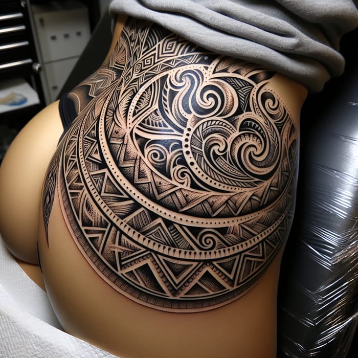 Intricate Black Ink Maori Style Tattoo Below Waistline