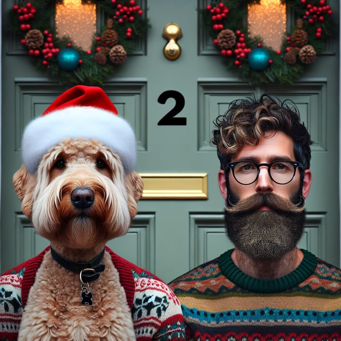 Labradoodle in Christmas Scene with Two Men by Doorstep | Festive Capture