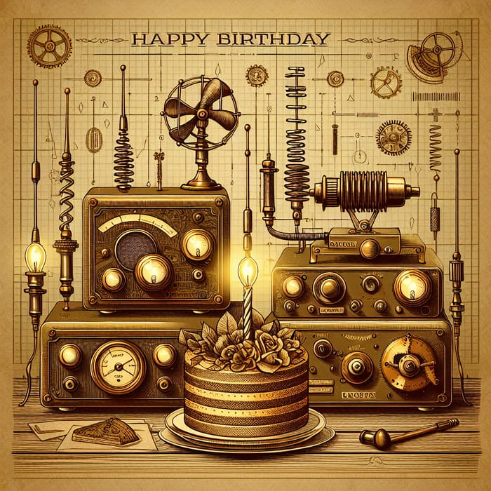 Steampunk Birthday Card with Radio Cake and Antenna Design
