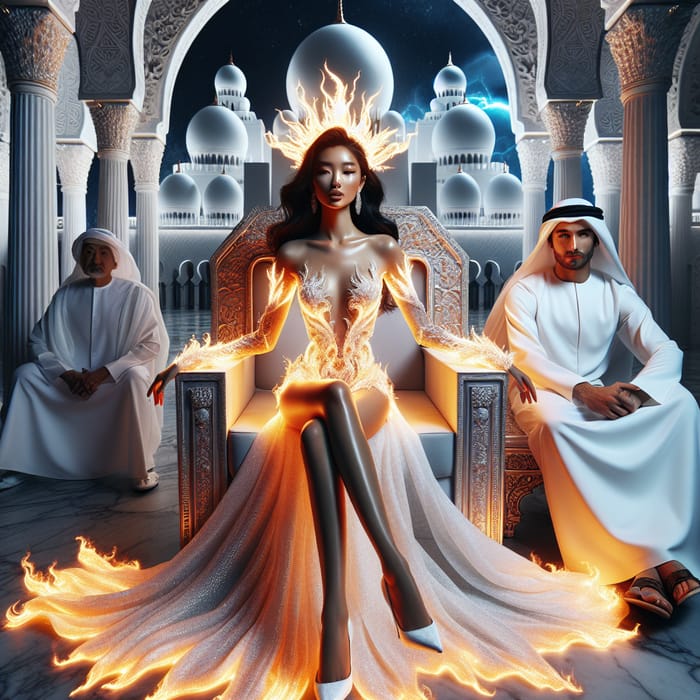 Breathtaking Asian Woman in Fiery White Dress | Divine Throne of Radiance