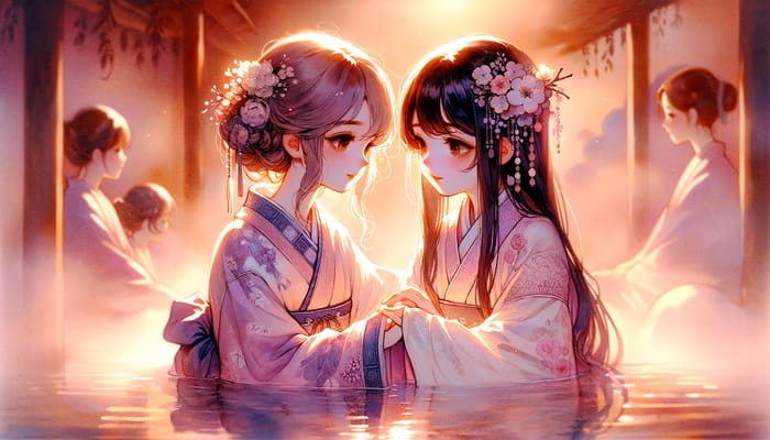Tender Anime Girls Embracing Love in Ethereal Hot Spring