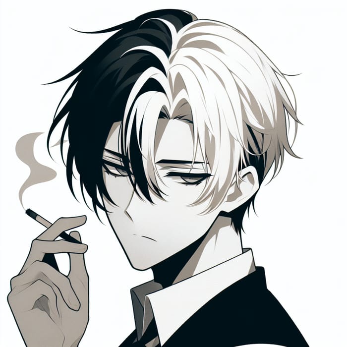 Chin-Length White and Short Black Hair Anime Character Smoking - Digital Art