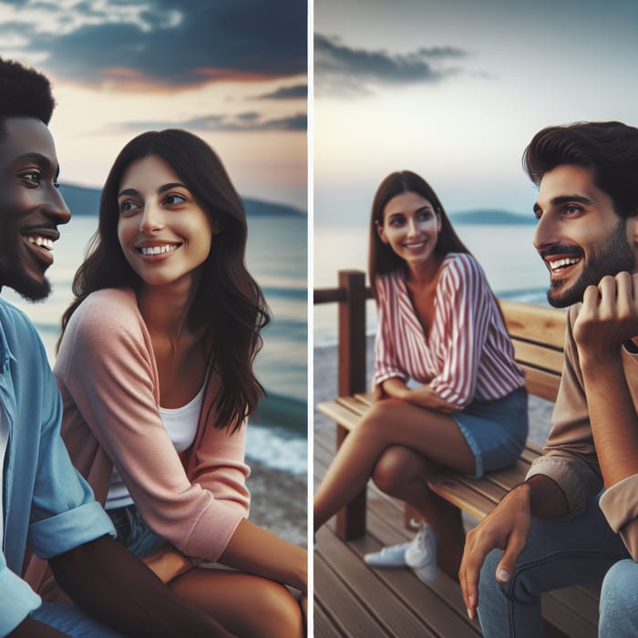 Cute Couples Talking at Beach Sunset Bench Conversation