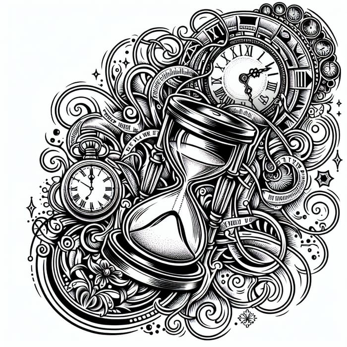 Time Tattoo Design - Monochrome Hourglass & Roman Numerals