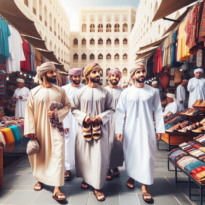 Omani Men Shopping for Clothing & Sandals in Vibrant Market