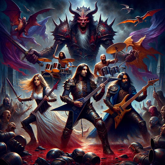 Gothic Realism: Metal Musicians Battle Monstrous Villain in Epic Dark Art Cover