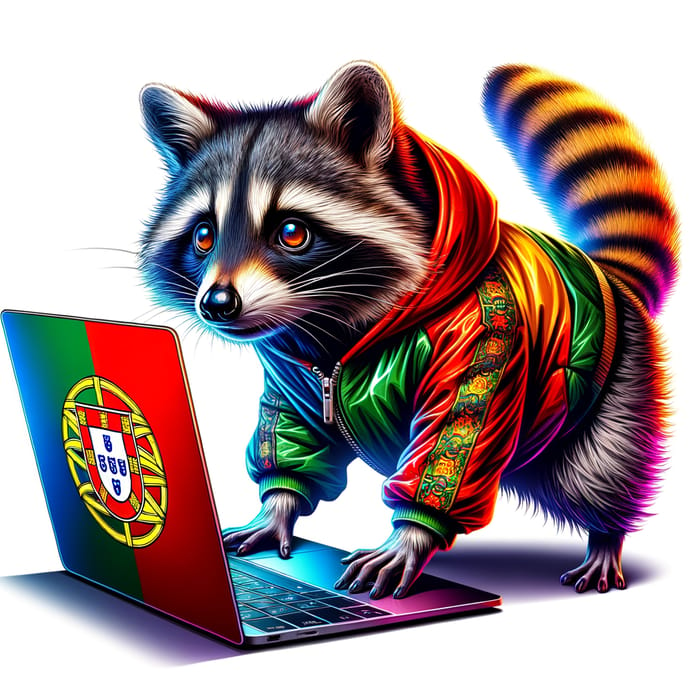 Cheeky Raccoon on Laptop with Portuguese Flag Jacket