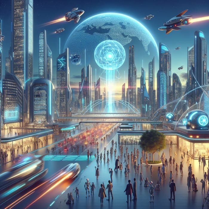 Twilight Futuristic Cityscape with AI Core & Diverse Population