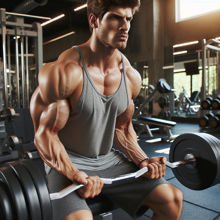 Muscular Caucasian Man Lifting Weights in a Gym