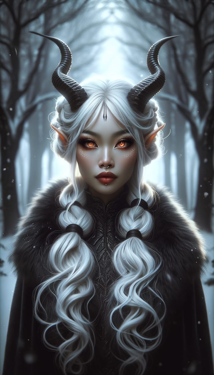 Dark & Mysterious Asian Demoness in Snowy Forest