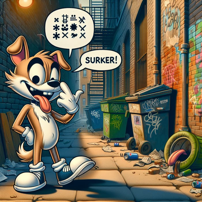 Cartoon Alley Dog Character Illustration in Urban Setting