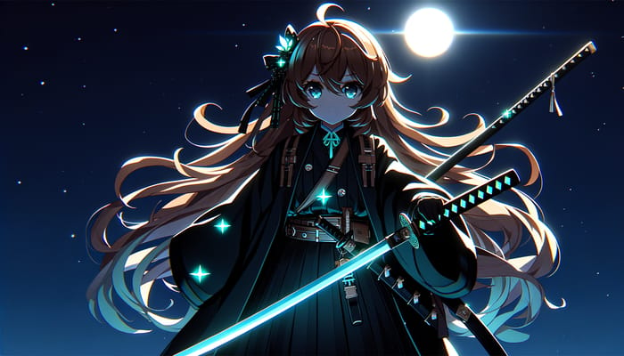 Mysterious Anime Girl with Luminescent Cyan Katana