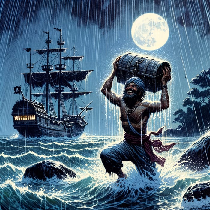 Pirate Emerging from Ocean at Night with Treasure Chest