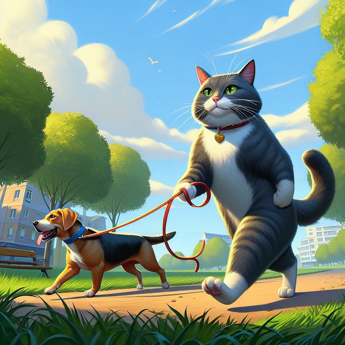 Cat Leads Dog on Leash in Green Park - Captivating Scene
