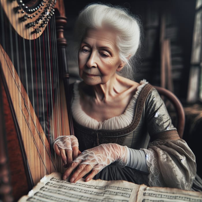 Vintage Granny Harp Musician in Rustic Setting