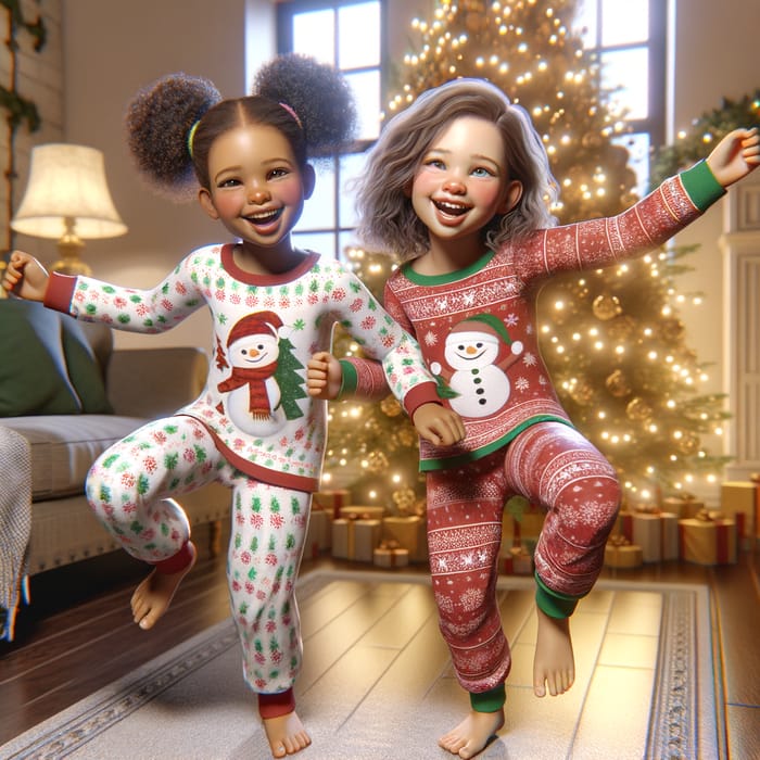 Joyful Sisters Dancing in New Year's Pajamas by Christmas Tree