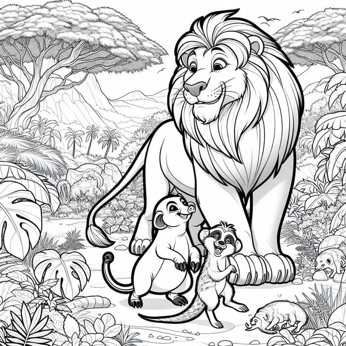 Monochrome Lion, Boar, and Meerkat Playful Jungle Coloring Image