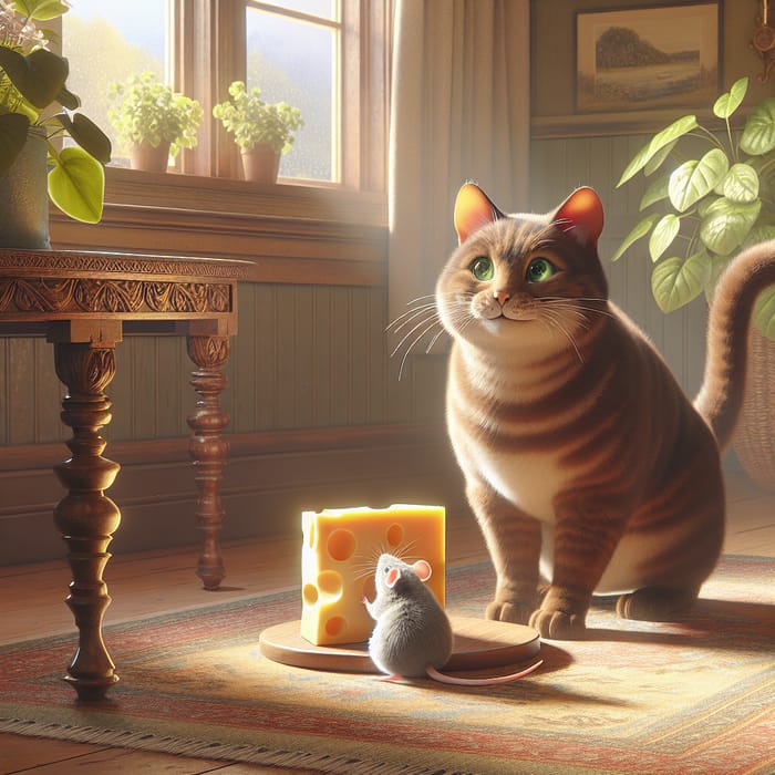 Realistic Depiction of Cat Playing with Chubby Mouse in Playful Environment