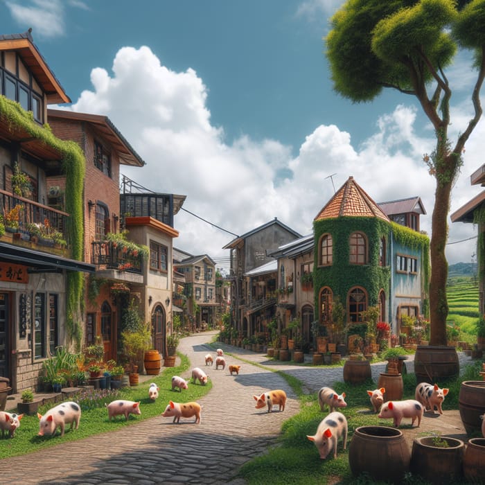 City in the Countryside with Mini Pigs - Charming Scene