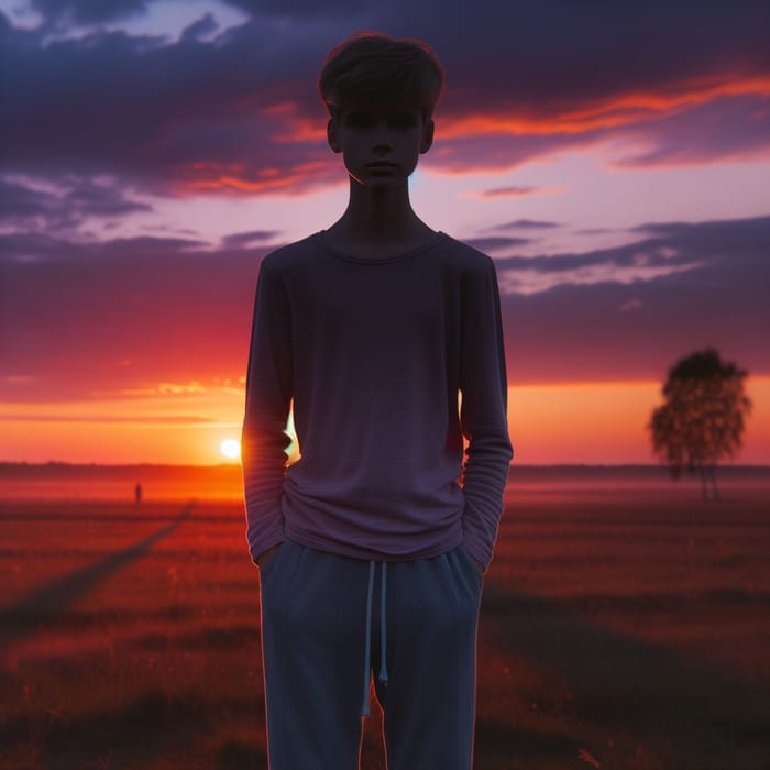 Young Boy Silhouetted Against Tranquil Sunset in Spacious Field