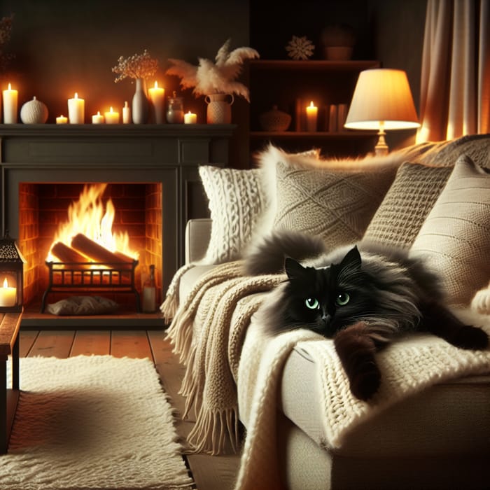 Cozy Black Cat in Tranquil Living Room | Warm & Inviting Vibes