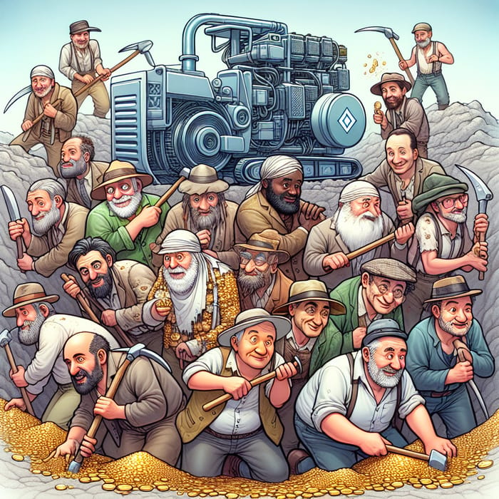 Cryptocurrency Mining Cartoon: Senior Prospectors vs. Giant Back-Actor Competition