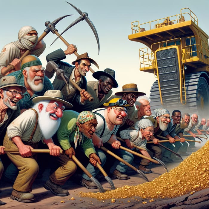 Humorous Crypto Mining Cartoon: Old Men Competing with Excavator