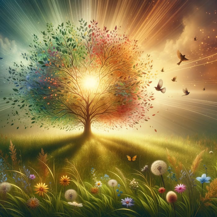Healing Symbolism: Tree of Vitality, Sun Rays, Birds of Resilience