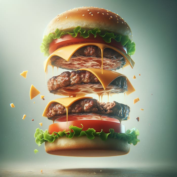 Juicy Mid-Air Burger: A Delicious Visual Delight