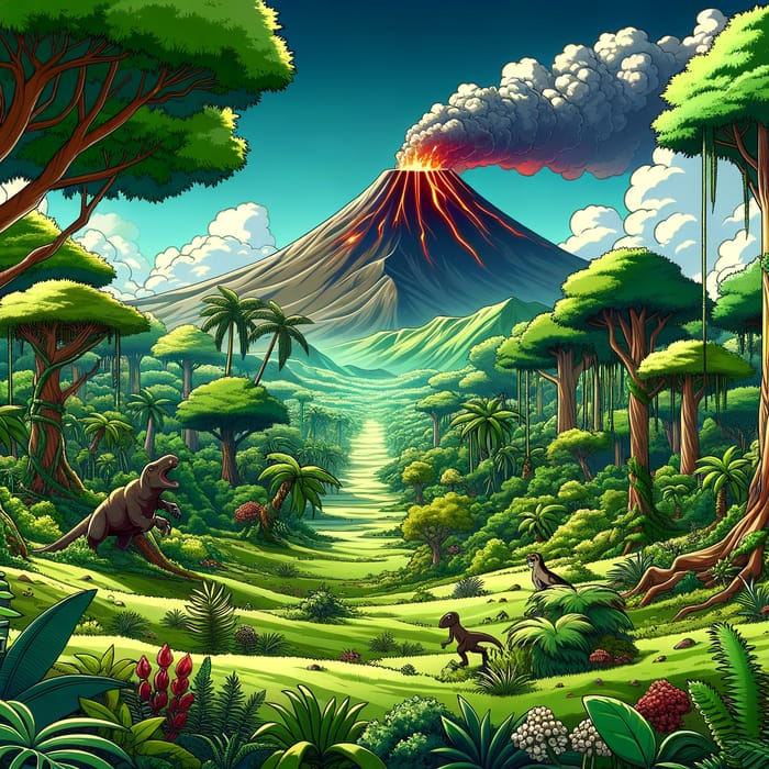 Cartoon Prehistoric Landscape with Erupting Volcano