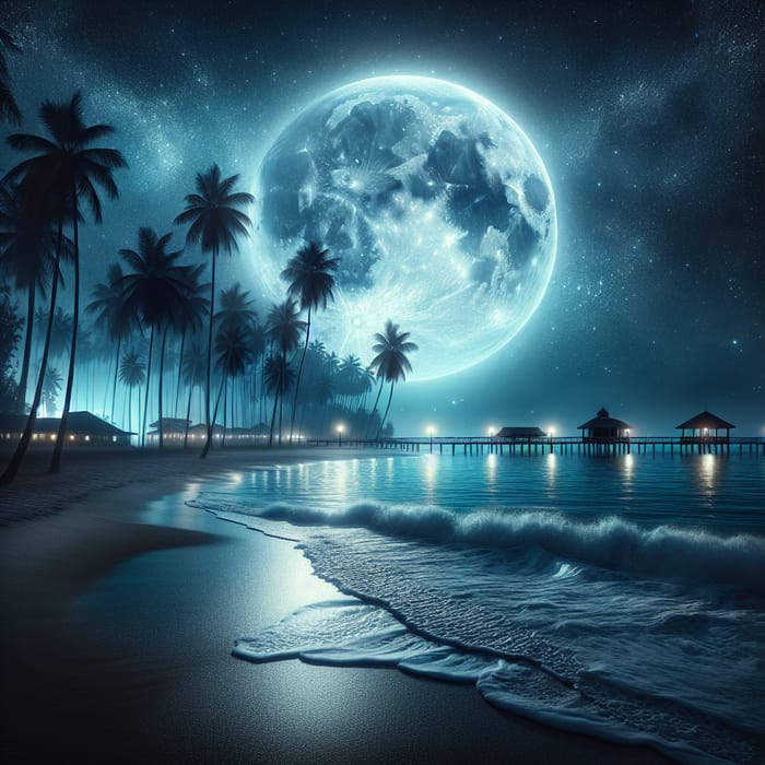 Tranquil Night-time Beachscape with Full Moon