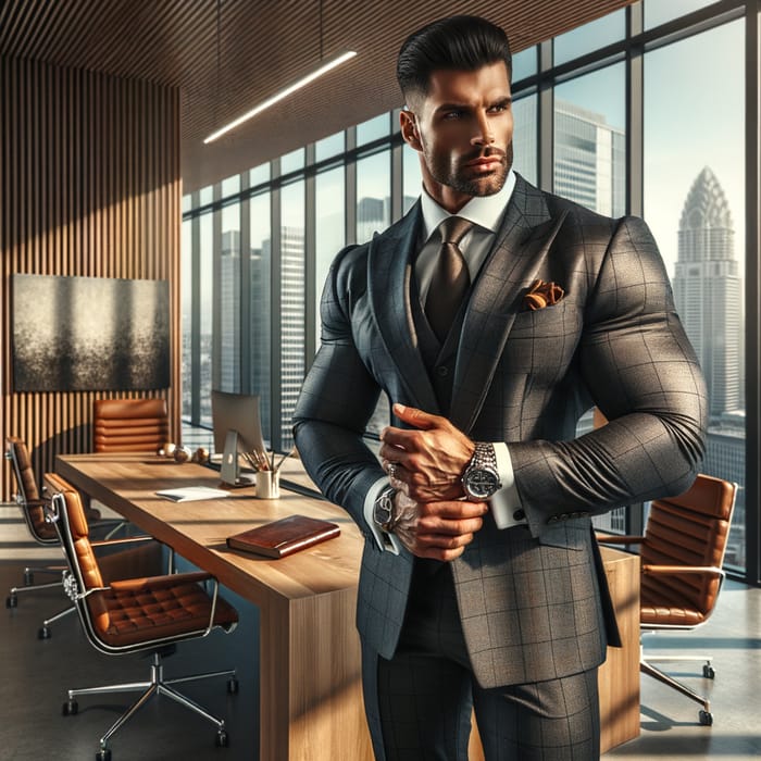 Muscular Hispanic Businessman in Sleek Modern Office