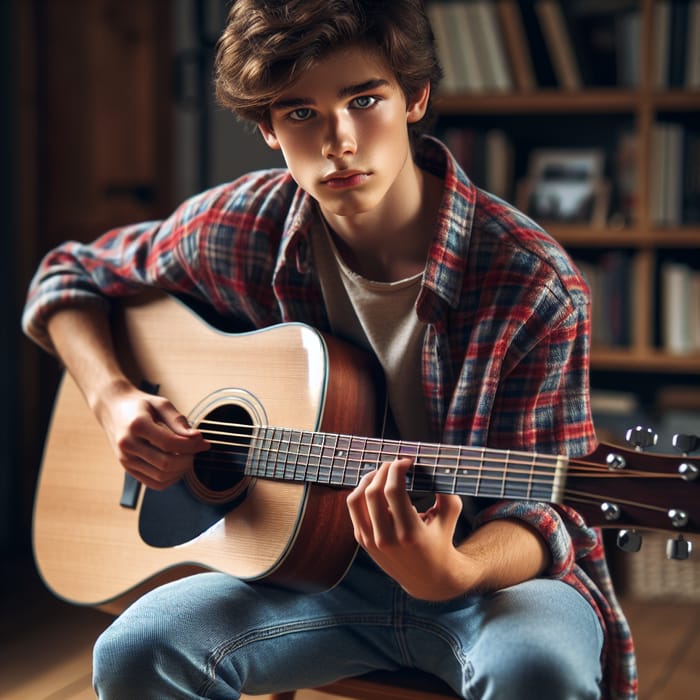 Young Boy Playing Acoustic Guitar in Cozy Room