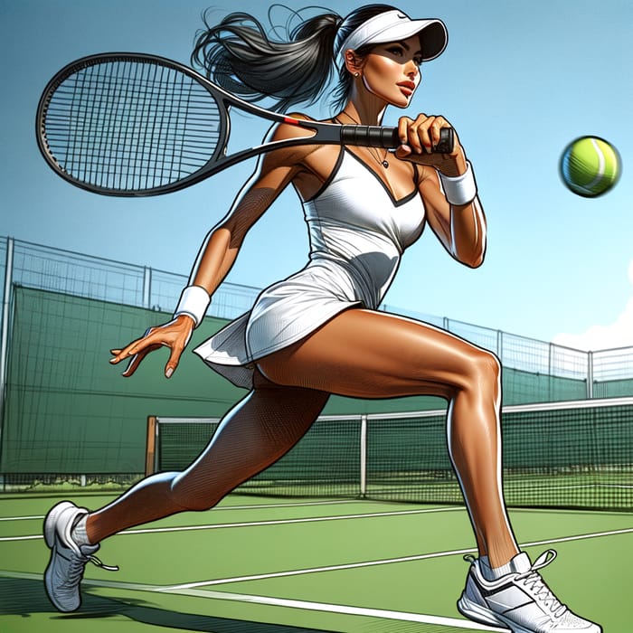 Realistic Hispanic Woman Tennis Player with Intense Focus
