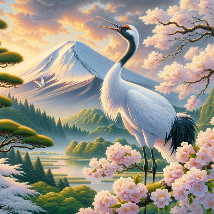 Serenity of the Crane: Cherry Blossom Japanese Landscape