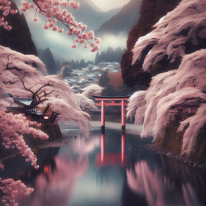 Serene Cherry Blossoms in Traditional Japanese Landscape