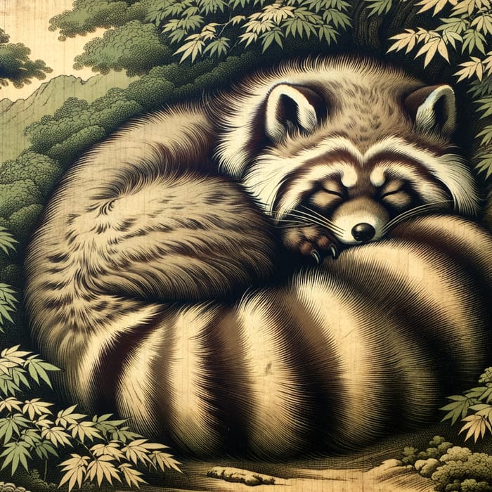 Tranquil Tanuki: Serene Japanese Raccoon Dog Sleeping Peacefully