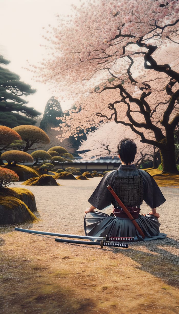Japanese Samurai Meditating in Cherry Blossom Garden