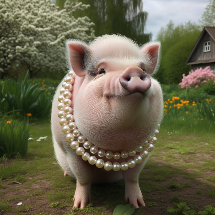 Pearl-Adorned Pot-Bellied Pig in a Garden Setting